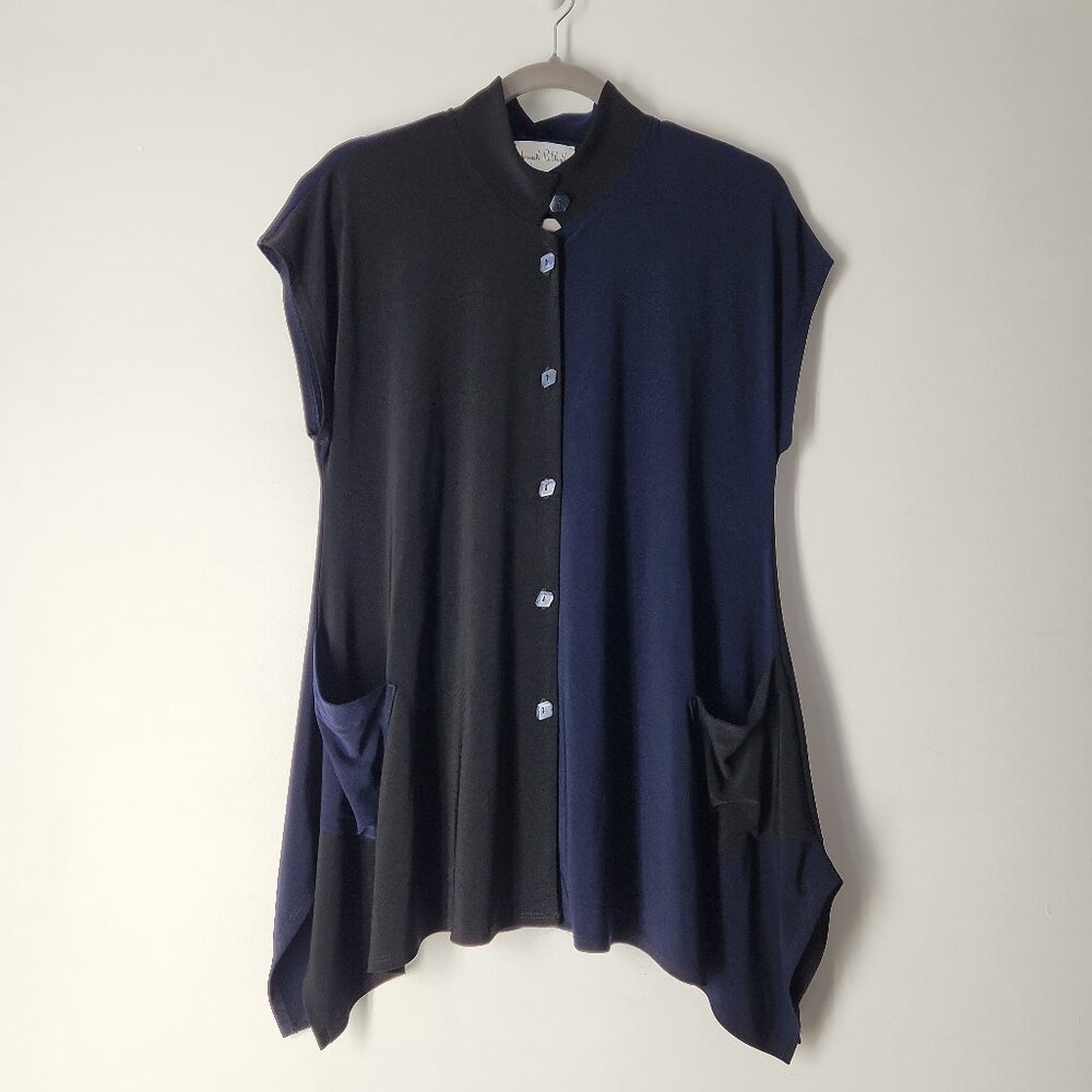 Joseph Ribkoff Lagenlook Colorblock Button Down Tunic Top black navy Size 6
